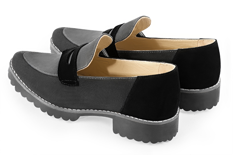 Dark grey and matt black women's casual loafers. Round toe. Flat rubber soles. Rear view - Florence KOOIJMAN